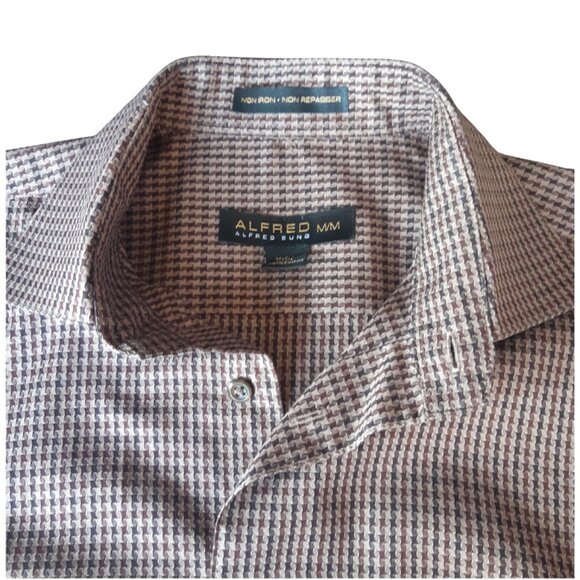 ALFRED SUNG SZ M Houndstooth Check 100% Cotton Men's Brown Button Up Shirt - Picture 2 of 12